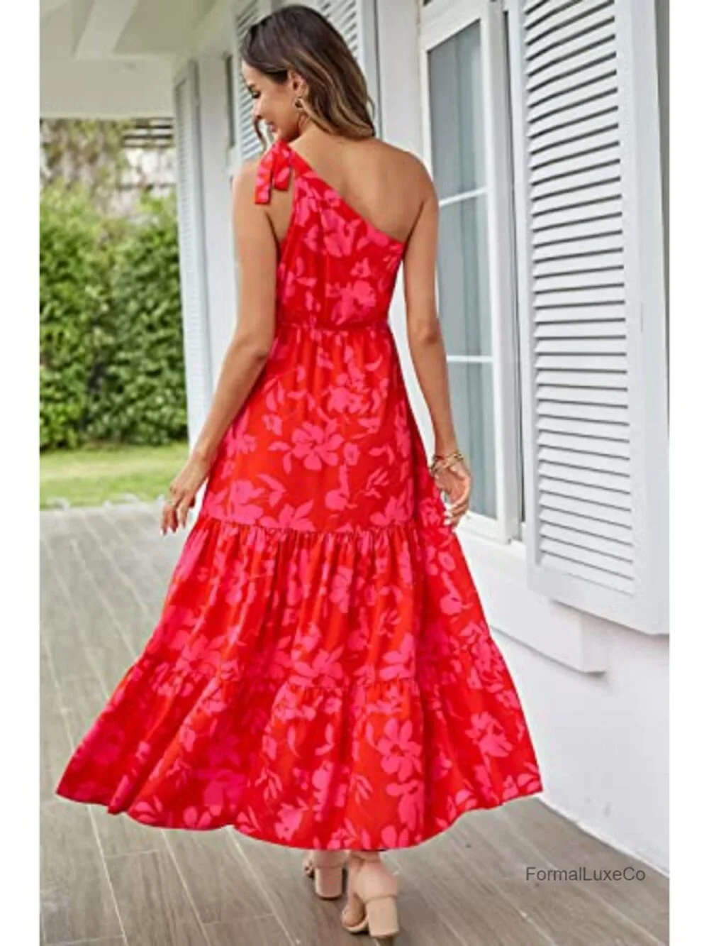 Women's One Shoulder Floral Maxi Dress Sleeveless A-Line